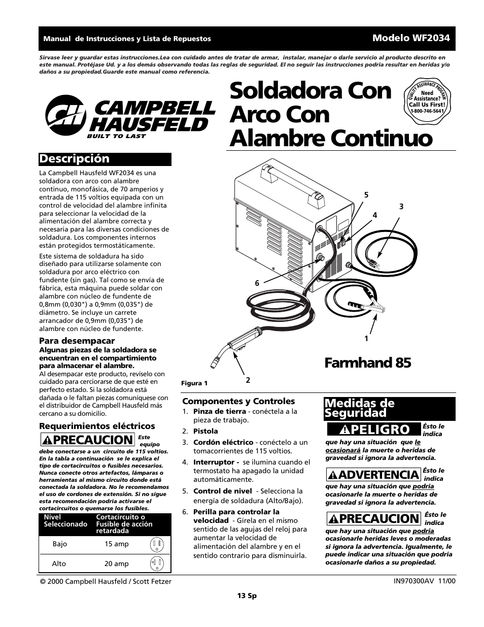 Soldadora con arco con alambre continuo, Farmhand 85, Peligro | Precaucion, Advertencia, Descripción medidas de seguridad, Modelo wf2034 | Campbell Hausfeld WF2034 User Manual | Page 13 / 24