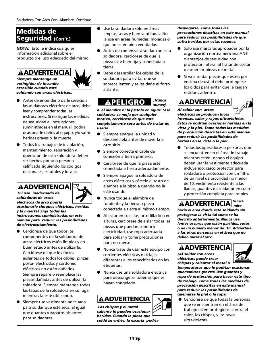 Peligro, Advertencia, Advertencia medidas de seguridad | Campbell Hausfeld WF2034 User Manual | Page 14 / 24