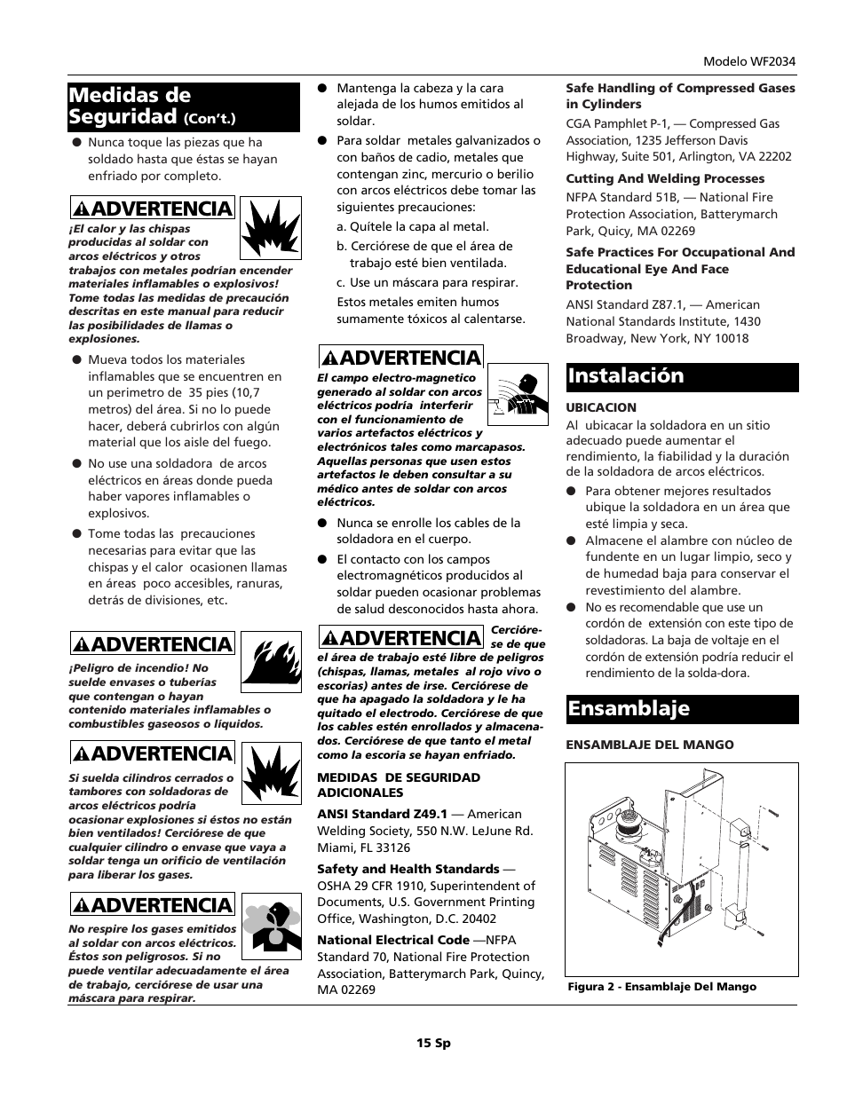 Advertencia, Advertencia medidas de seguridad, Instalación ensamblaje | Campbell Hausfeld WF2034 User Manual | Page 15 / 24