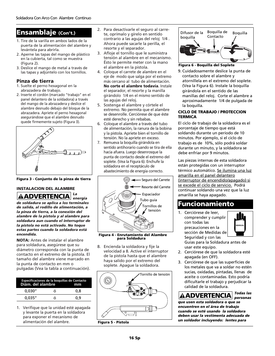 Advertencia, Funcionamiento, Ensamblaje | Campbell Hausfeld WF2034 User Manual | Page 16 / 24