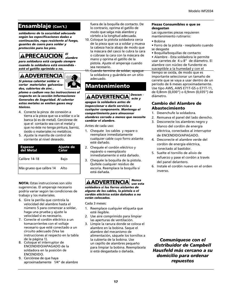 Precaucion, Advertencia, Ensamblaje | Mantenimiento | Campbell Hausfeld WF2034 User Manual | Page 17 / 24