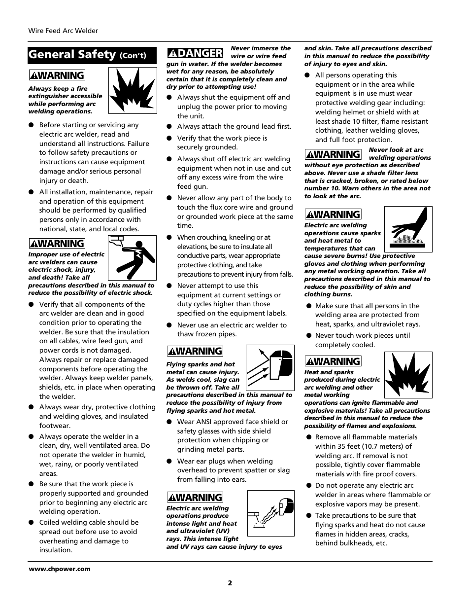 General safety, Danger, Warning | Campbell Hausfeld WF2034 User Manual | Page 2 / 24