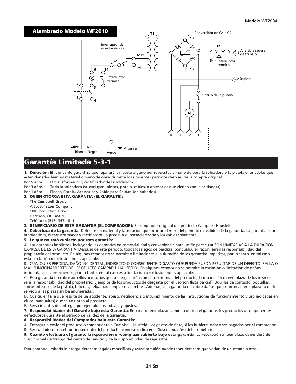Garantía limitada 5-3-1, Alambrado modelo wf2010 | Campbell Hausfeld WF2034 User Manual | Page 21 / 24