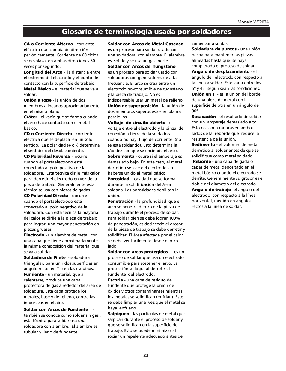 Glosario de terminología usada por soldadores | Campbell Hausfeld WF2034 User Manual | Page 23 / 24