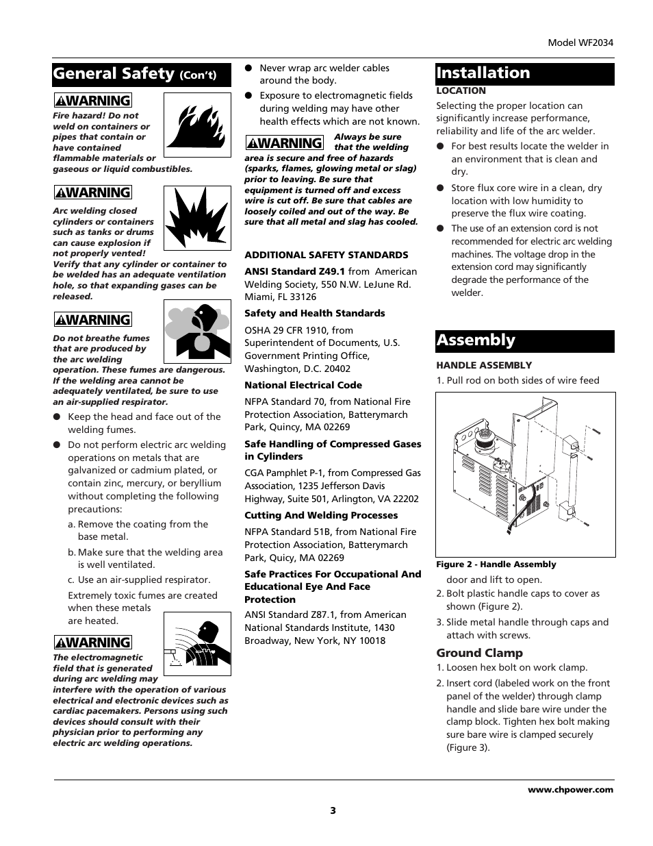 General safety, Installation assembly, Warning | Campbell Hausfeld WF2034 User Manual | Page 3 / 24