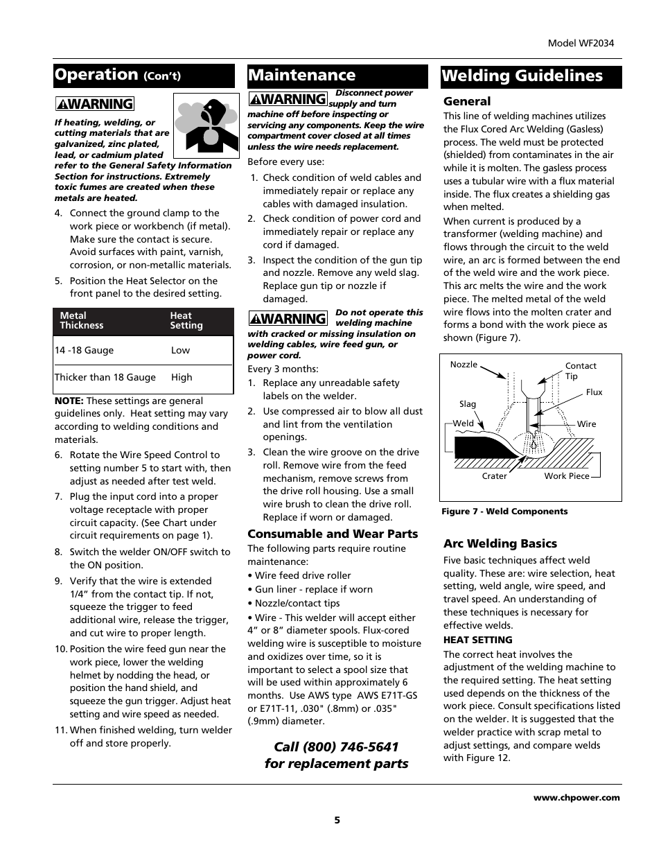 Operation, Maintenance welding guidelines, Warning | Campbell Hausfeld WF2034 User Manual | Page 5 / 24