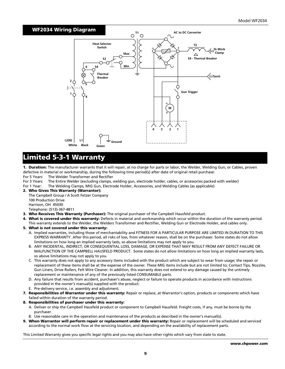 Limited 5-3-1 warranty, Wf2034 wiring diagram | Campbell Hausfeld WF2034 User Manual | Page 9 / 24