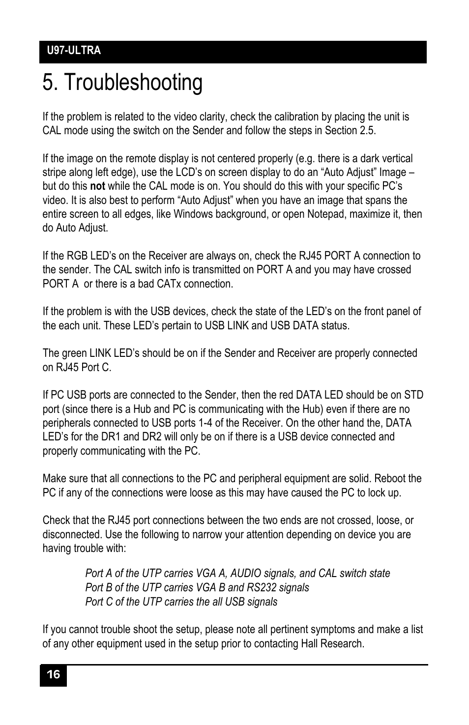 Troubleshooting | Hall Research U97-Ultra-2B-S User Manual | Page 15 / 18