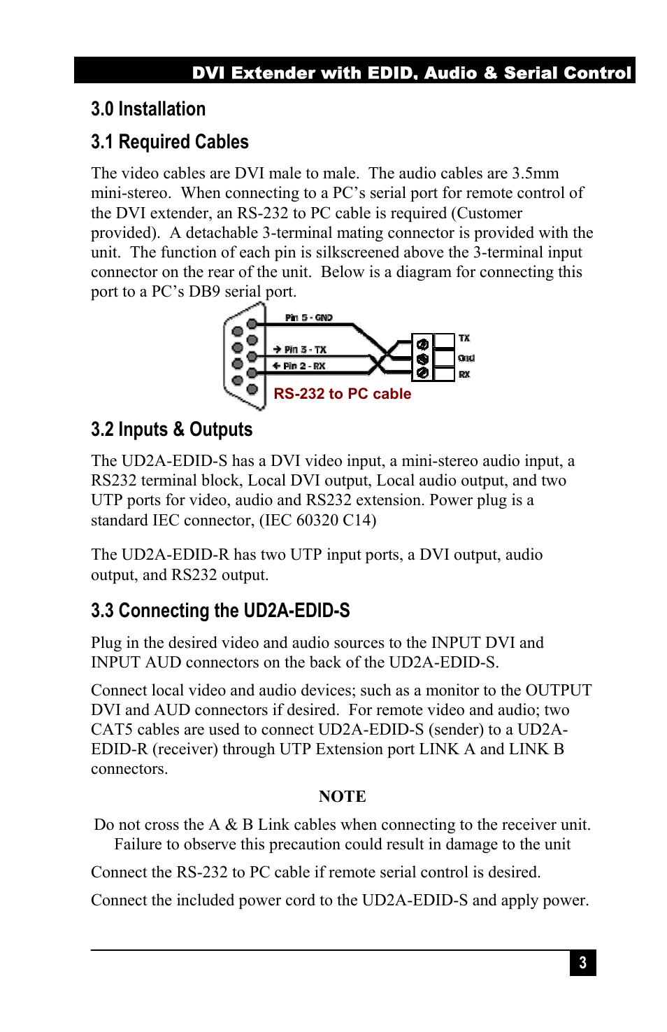 0 installation 3.1 required cables, 2 inputs & outputs, 3 connecting the ud2a-edid-s | Hall Research UD2A-EDID-S User Manual | Page 5 / 20