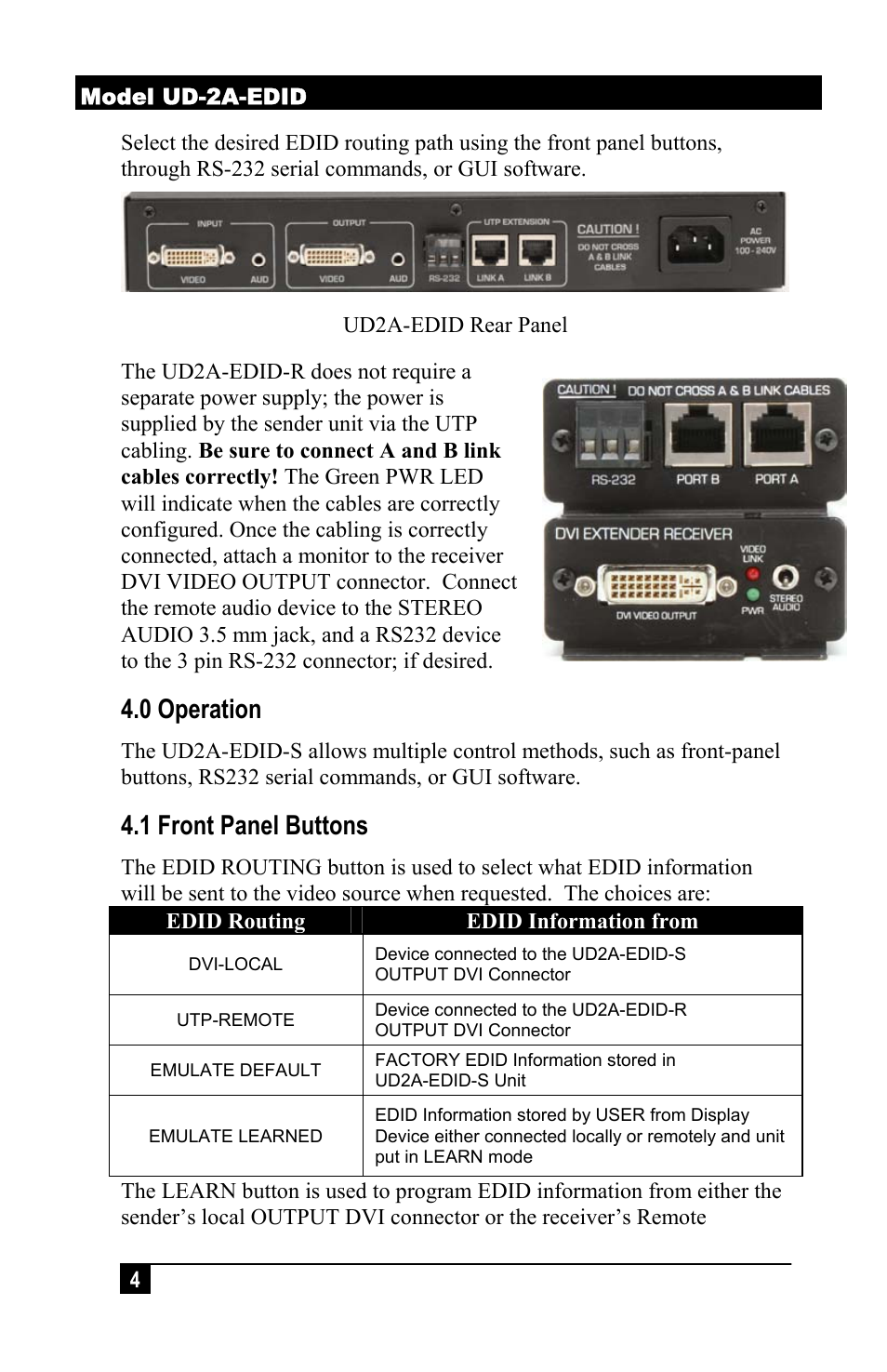 0 operation, 1 front panel buttons | Hall Research UD2A-EDID-S User Manual | Page 6 / 20