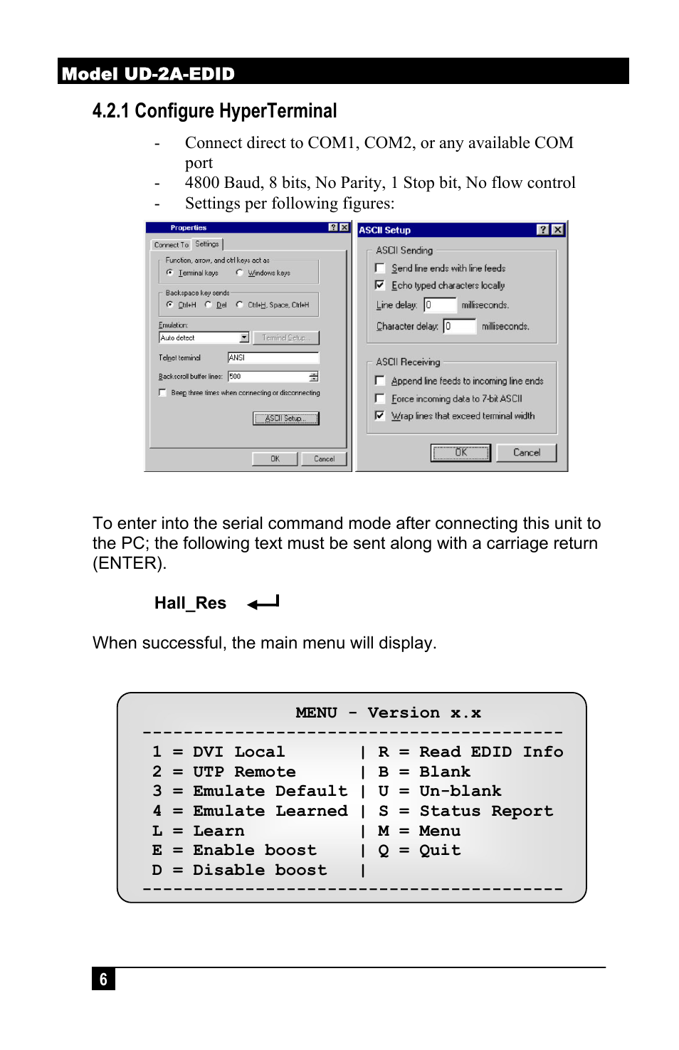 1 configure hyperterminal | Hall Research UD2A-EDID-S User Manual | Page 8 / 20