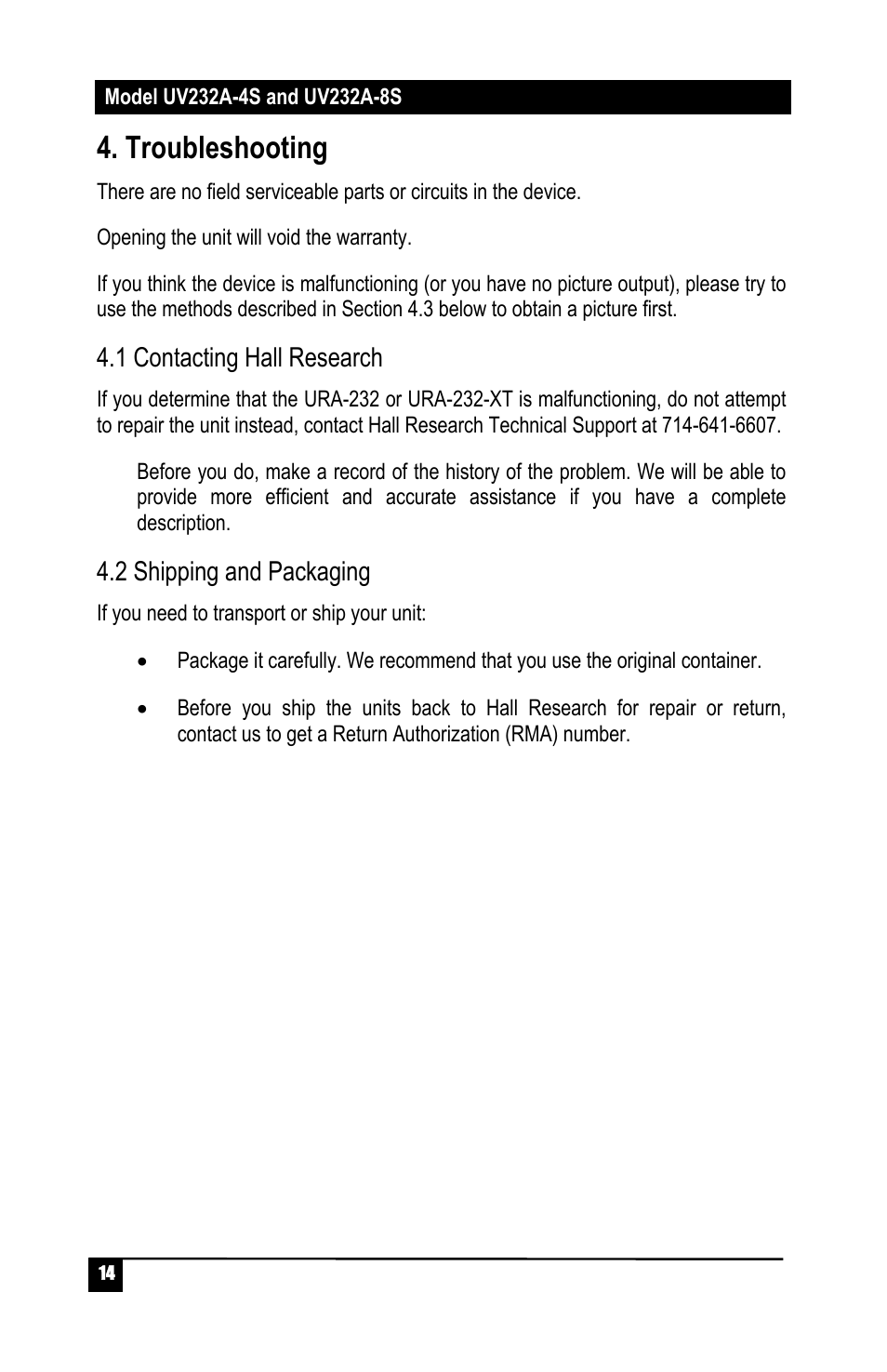 Troubleshooting | Hall Research UV232A-8S User Manual | Page 16 / 20