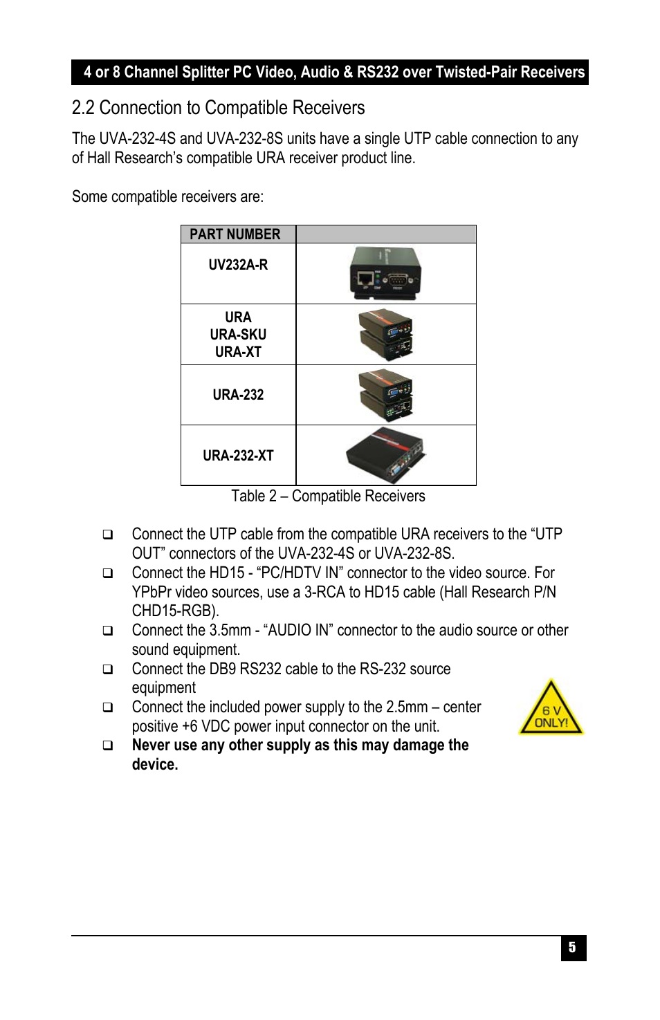 2 connection to compatible receivers | Hall Research UV232A-8S User Manual | Page 7 / 20