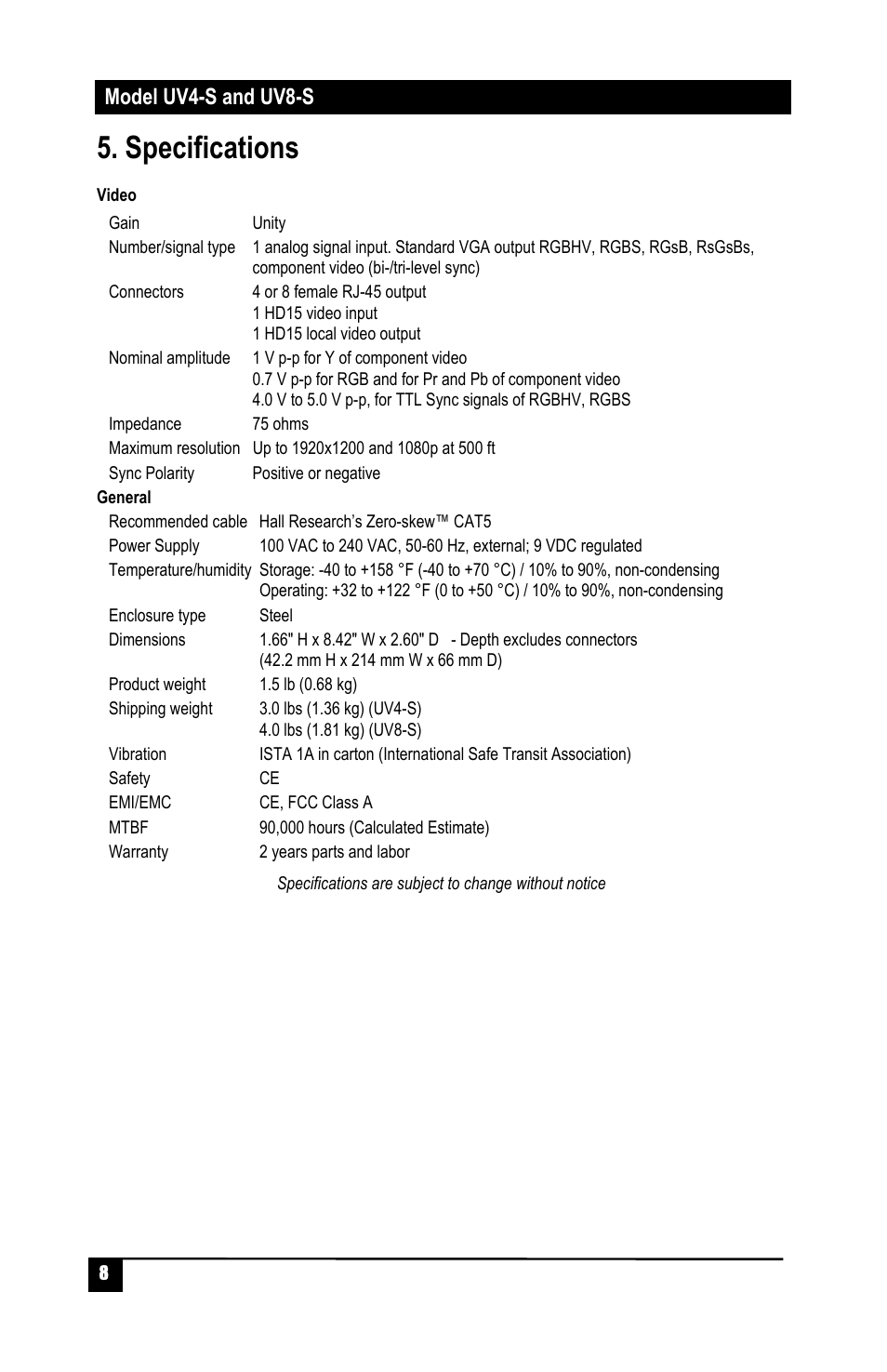 Specifications, Model uv4-s and uv8-s | Hall Research UV8-S User Manual | Page 10 / 12