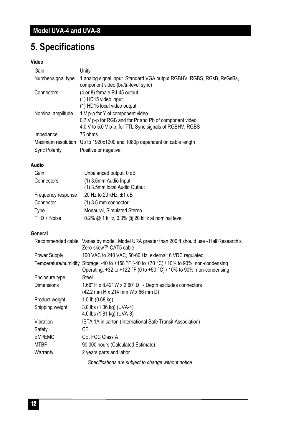 Specifications, Model uva-4 and uva-8 | Hall Research UVA-8 User Manual | Page 14 / 16