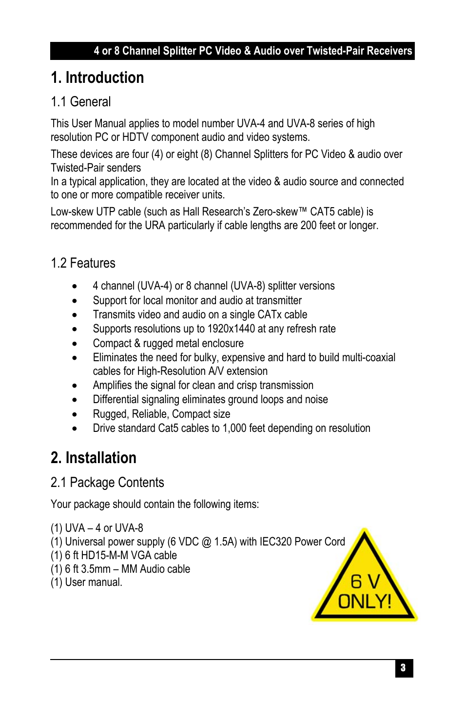 Introduction, Installation | Hall Research UVA-8 User Manual | Page 5 / 16