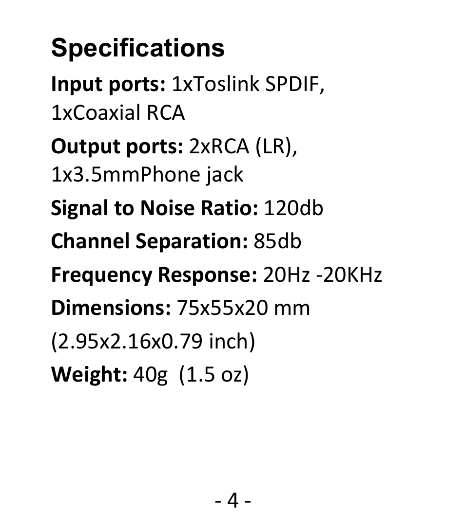 Specifications | Hall Research DAC-51 User Manual | Page 4 / 4