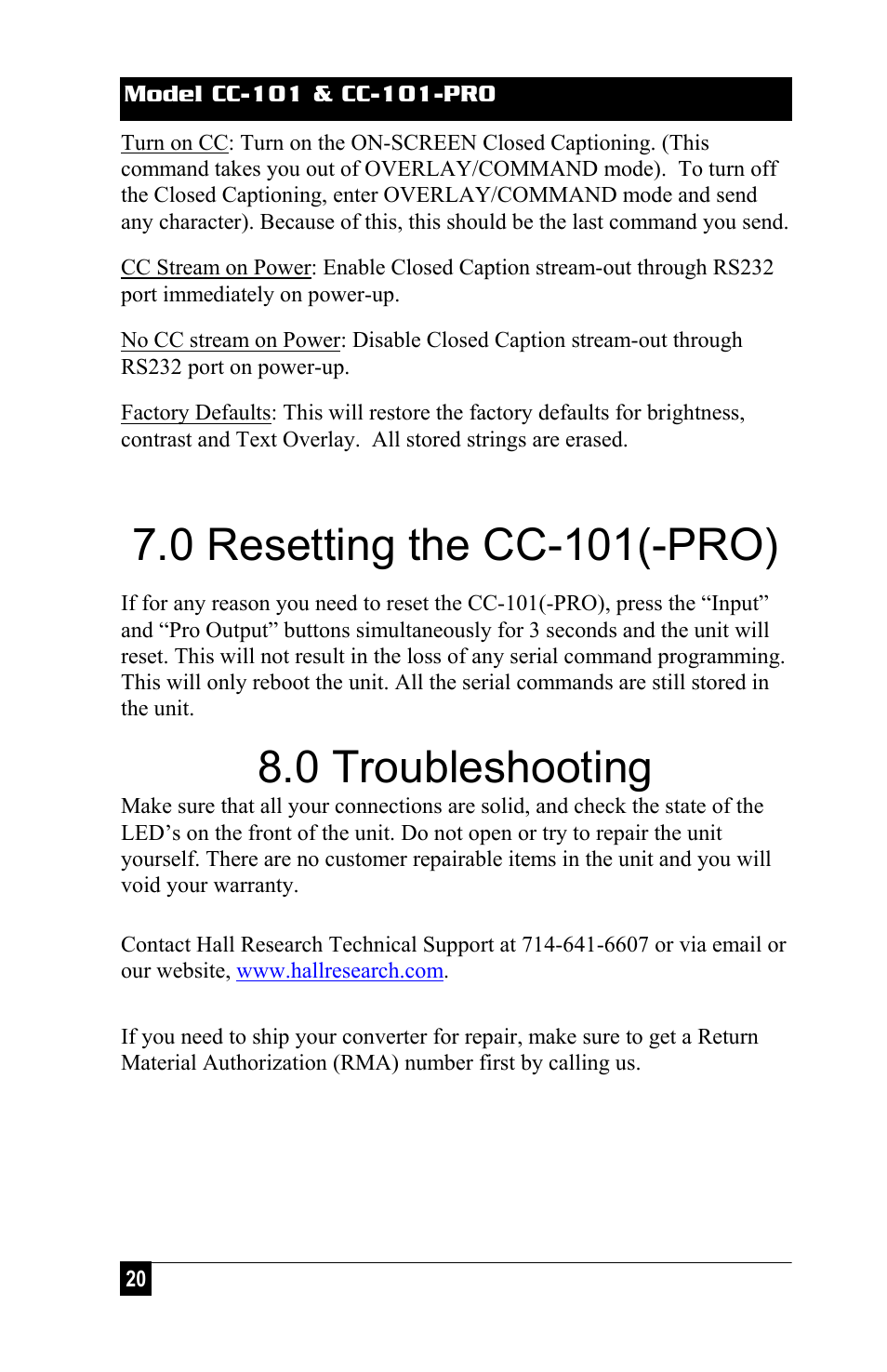 0 resetting the cc-101(-pro), 0 troubleshooting | Hall Research CC-101-PRO User Manual | Page 20 / 24