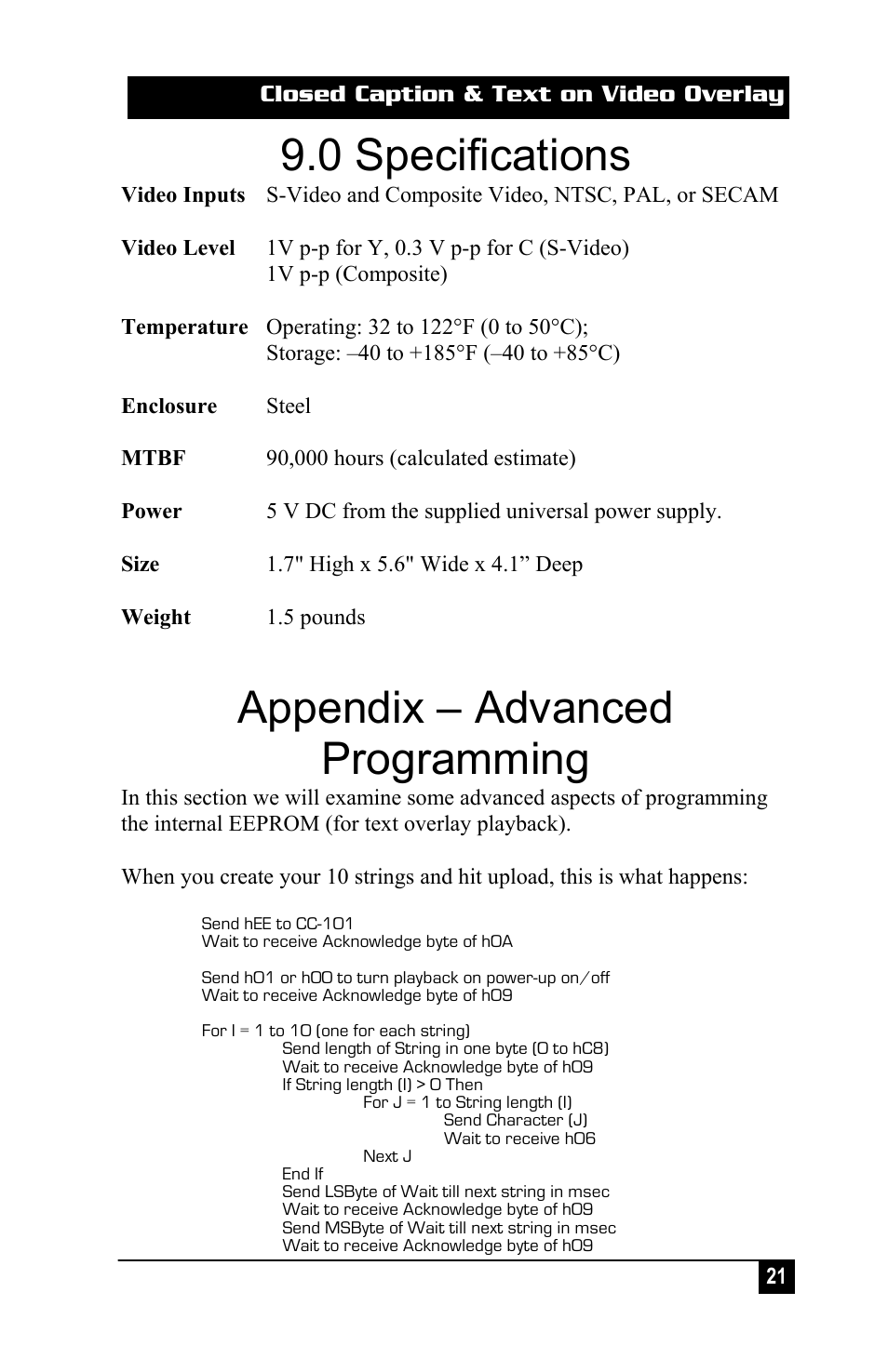 0 specifications, Appendix – advanced programming | Hall Research CC-101-PRO User Manual | Page 21 / 24