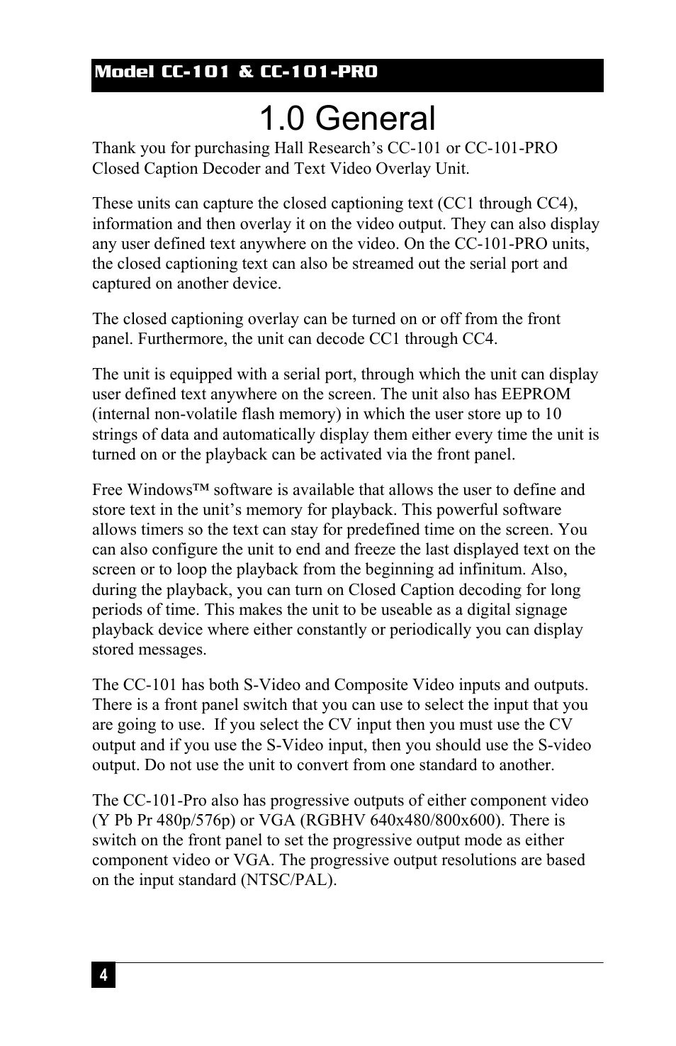 0 general | Hall Research CC-101-PRO User Manual | Page 4 / 24