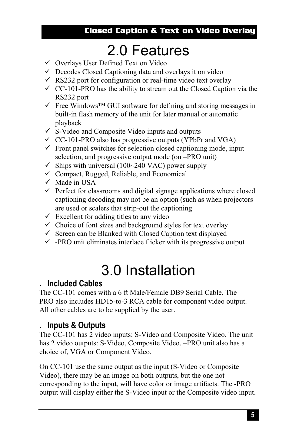 0 features, 0 installation | Hall Research CC-101-PRO User Manual | Page 5 / 24