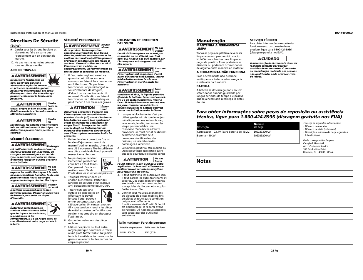 Notas, Manutenção, Directives de sécurité | Campbell Hausfeld DG141900CD User Manual | Page 10 / 16