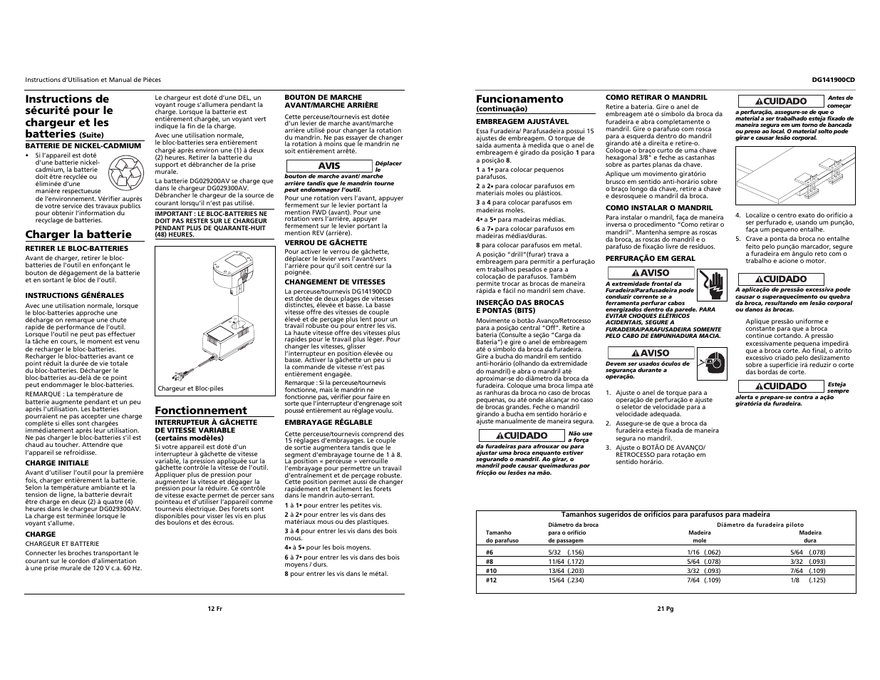 Funcionamento, Fonctionnement, Charger la batterie | Campbell Hausfeld DG141900CD User Manual | Page 12 / 16