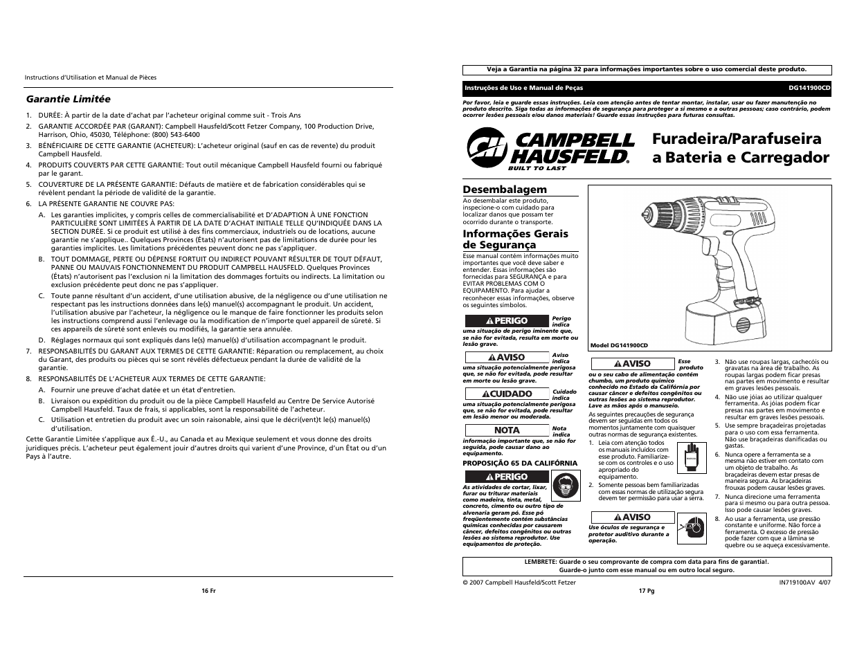 Furadeira/parafuseira a bateria e carregador, Desembalagem, Informações gerais de segurança | Campbell Hausfeld DG141900CD User Manual | Page 16 / 16