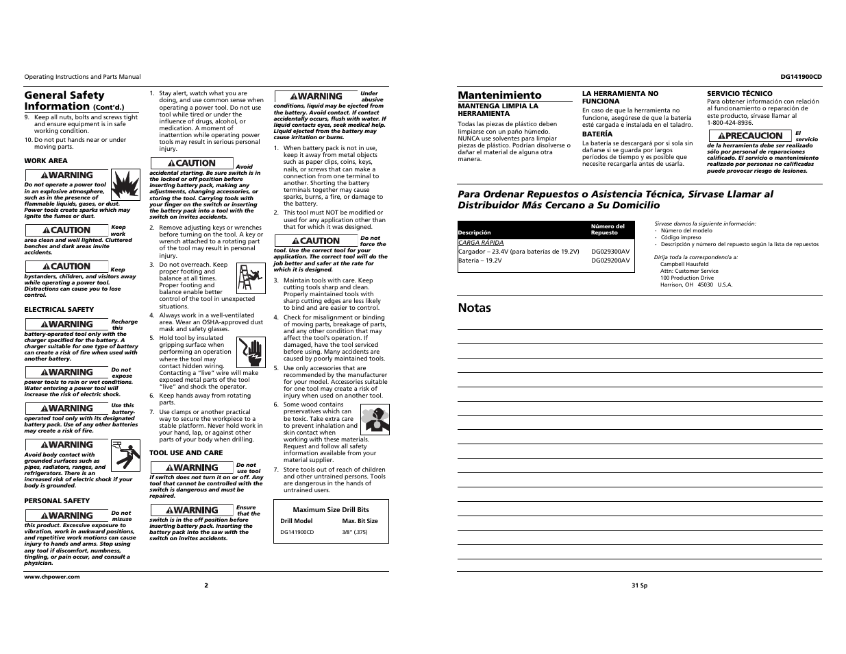 Notas, Mantenimiento, General safety information | Campbell Hausfeld DG141900CD User Manual | Page 2 / 16