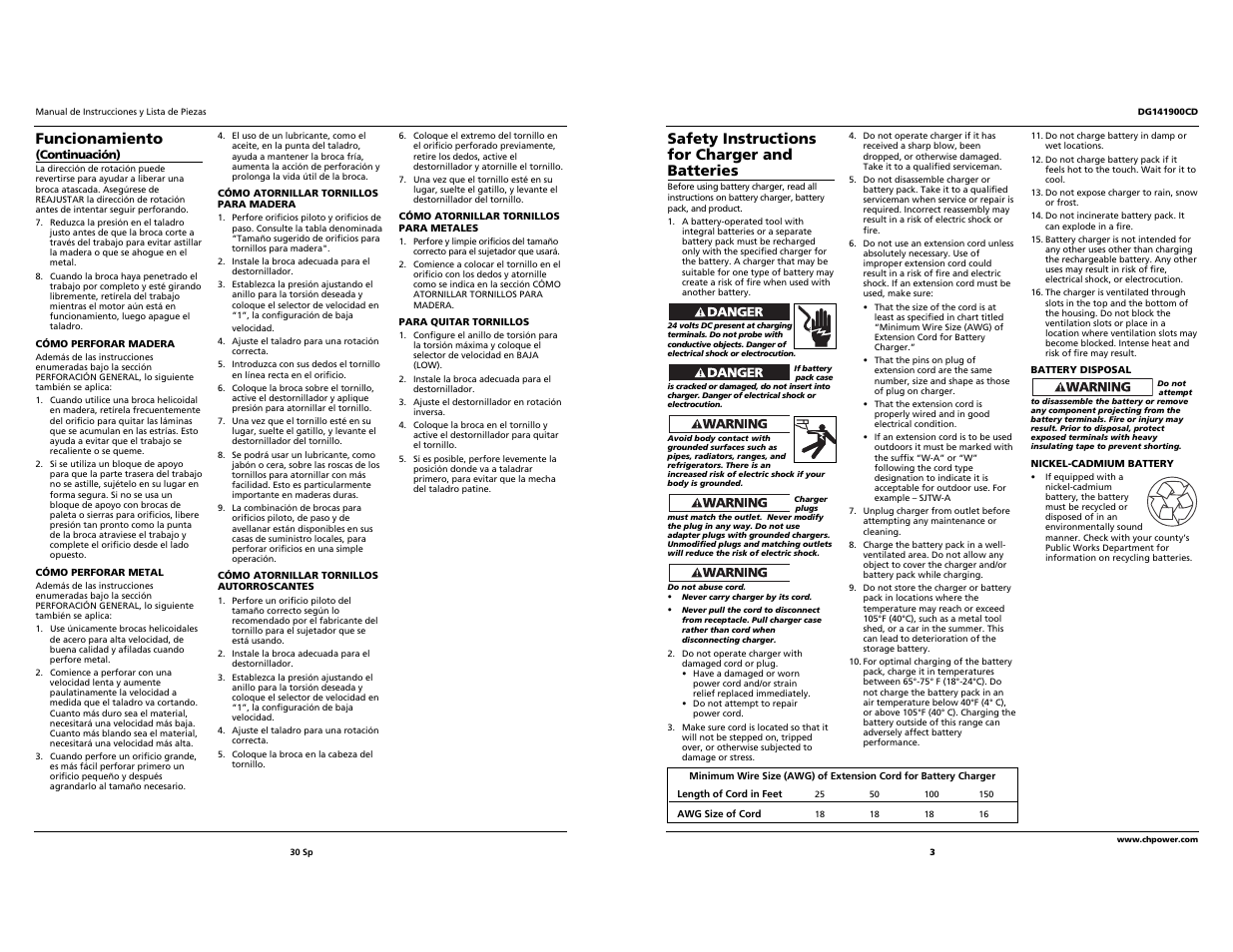 Funcionamiento, Safety instructions for charger and batteries | Campbell Hausfeld DG141900CD User Manual | Page 3 / 16