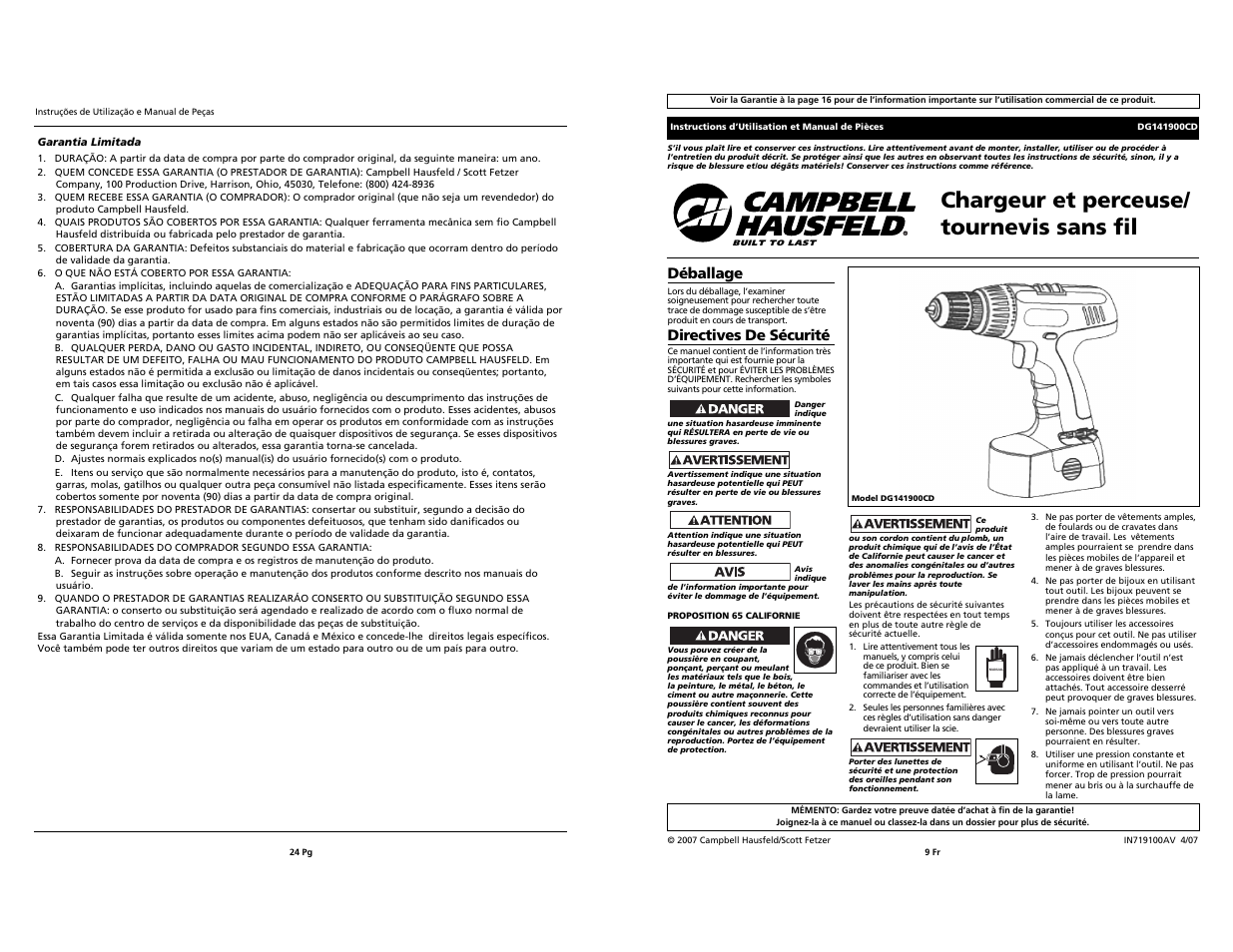 Chargeur et perceuse/ tournevis sans fil, Déballage, Directives de sécurité | Campbell Hausfeld DG141900CD User Manual | Page 9 / 16