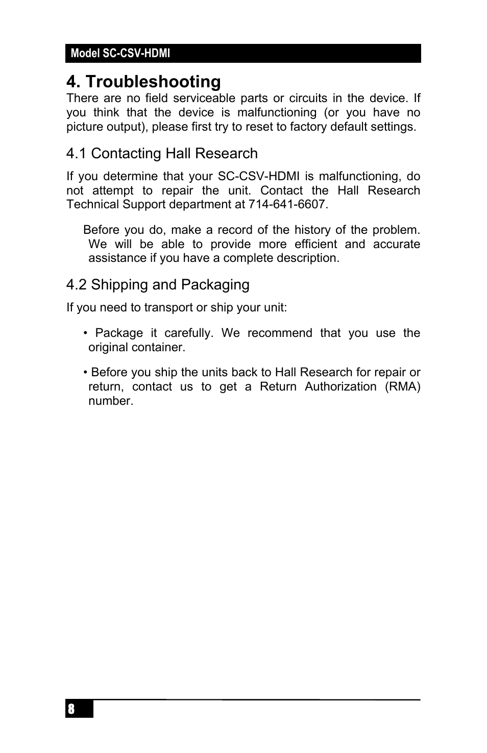 Troubleshooting | Hall Research SC-CSV-HDMI User Manual | Page 10 / 16