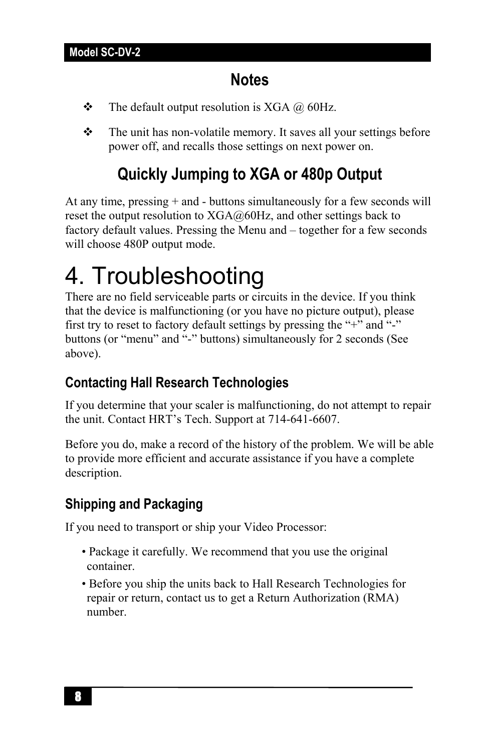 Troubleshooting, Quickly jumping to xga or 480p output | Hall Research SC-DV-2 User Manual | Page 10 / 16