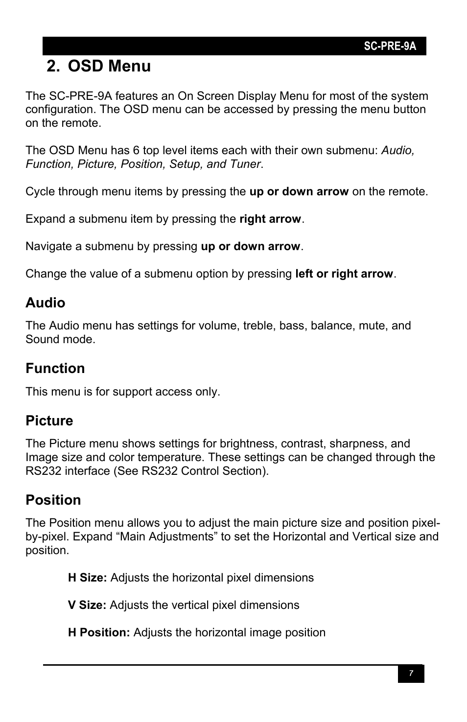 Osd menu | Hall Research SC-PRE-9A User Manual | Page 9 / 20