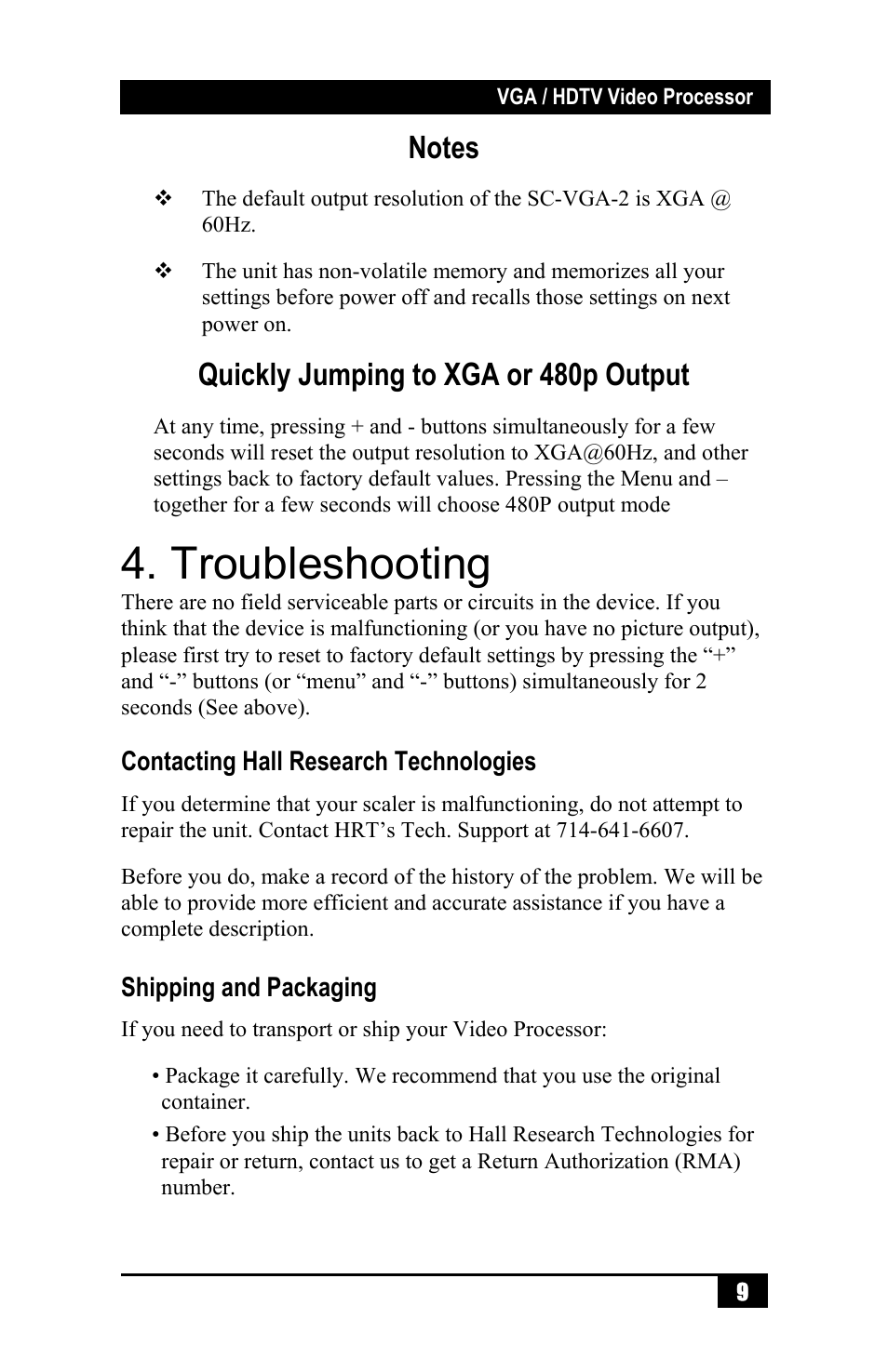 Troubleshooting, Quickly jumping to xga or 480p output | Hall Research SC-VGA-2A User Manual | Page 11 / 16