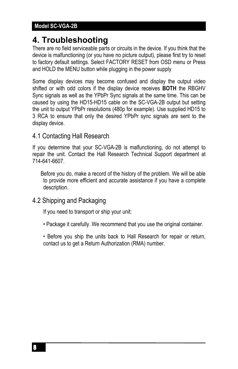 Troubleshooting | Hall Research SC-VGA-2B User Manual | Page 10 / 16