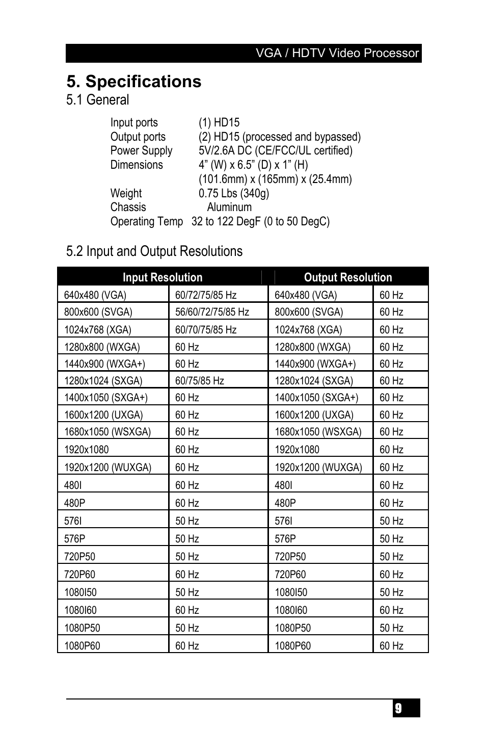Specifications, 1 general, 2 input and output resolutions | Hall Research SC-VGA-2B User Manual | Page 11 / 16