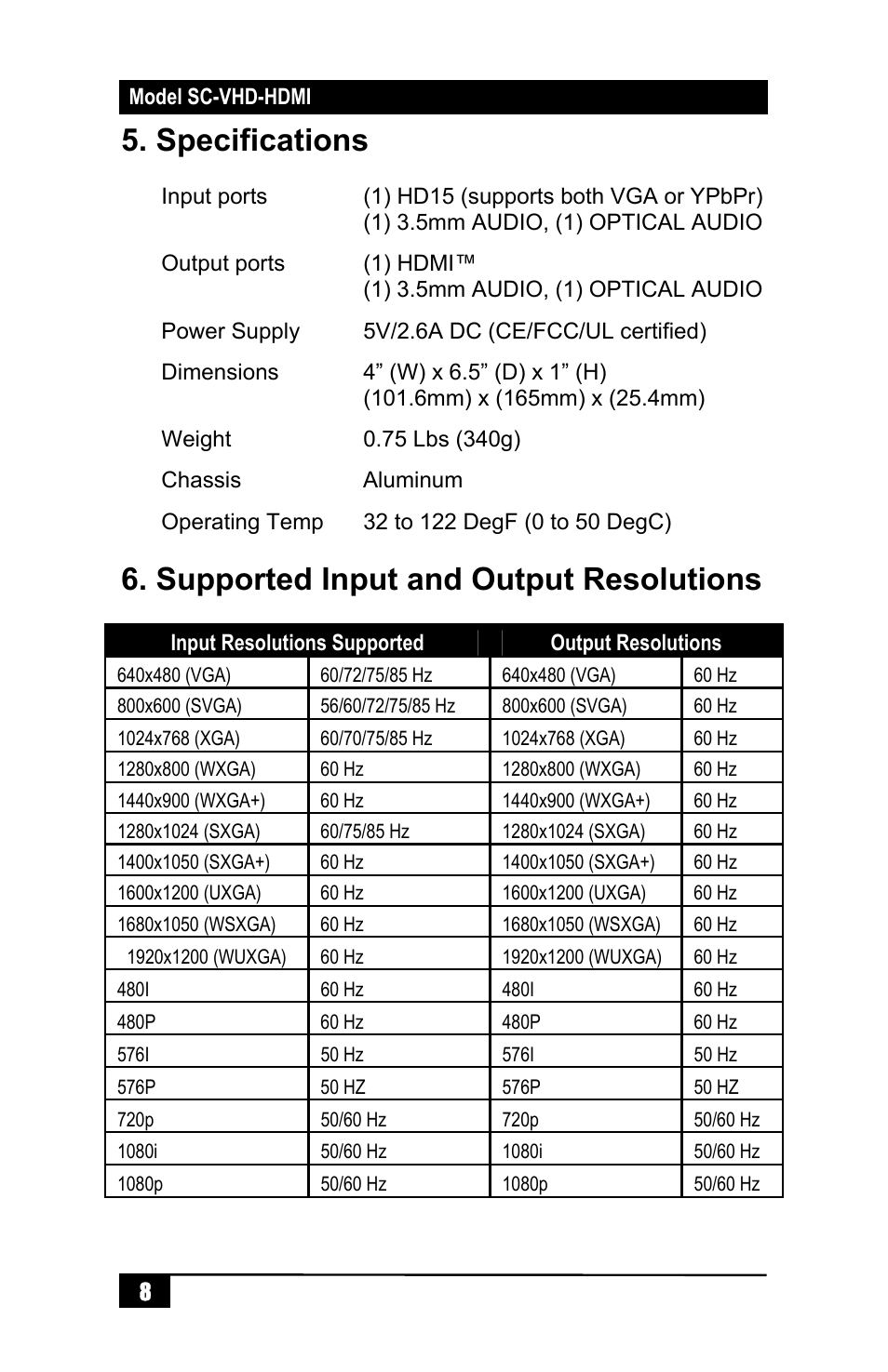 Specifications, Supported input and output resolutions | Hall Research SC-VHD-HDMI User Manual | Page 10 / 12