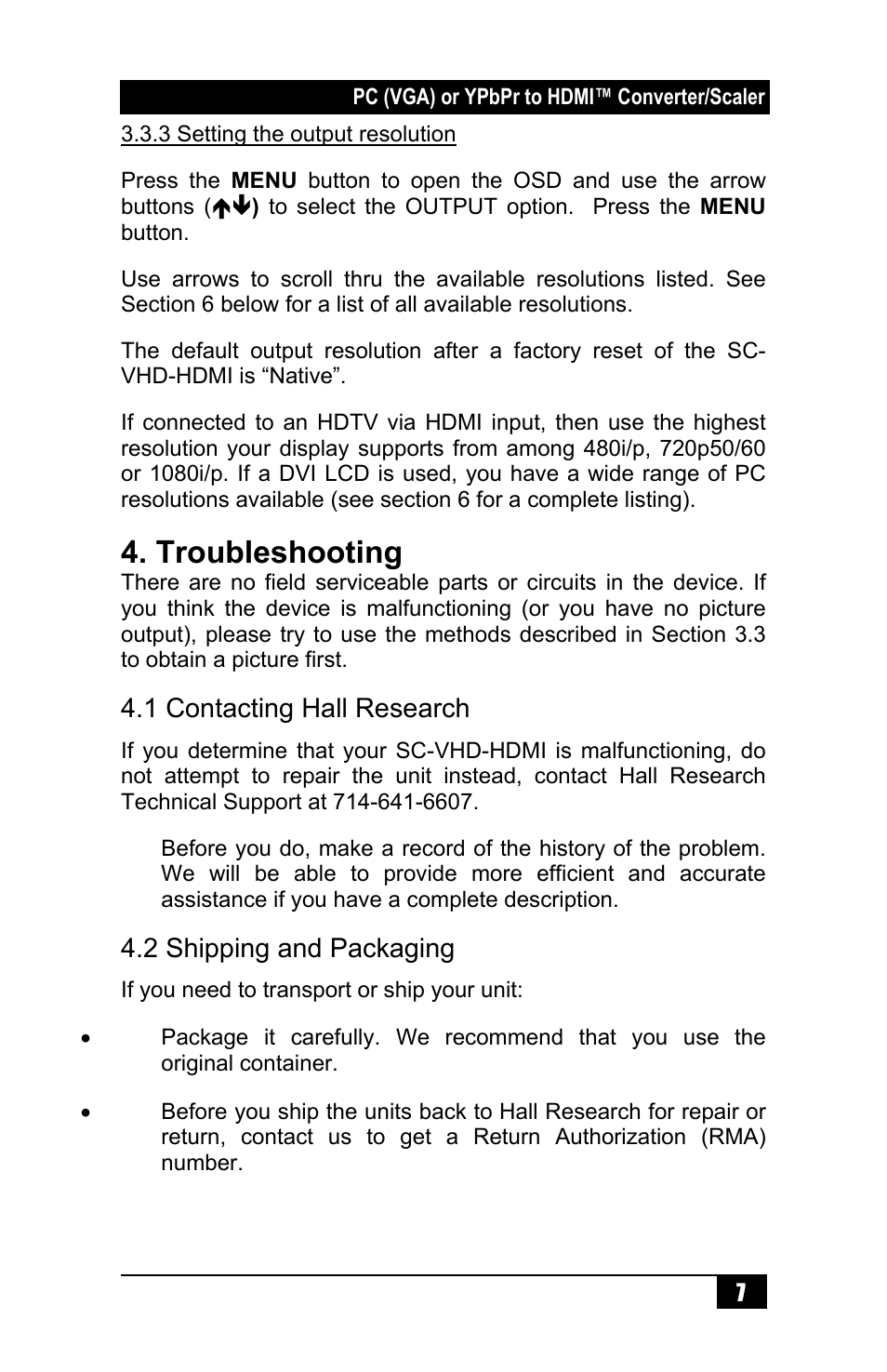 Troubleshooting | Hall Research SC-VHD-HDMI User Manual | Page 9 / 12