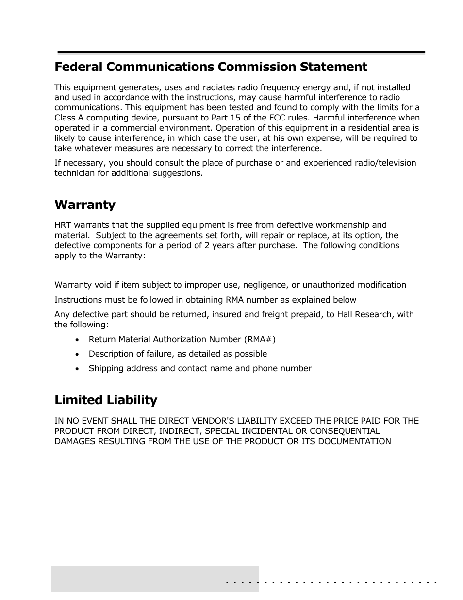 Federal communications commission statement, Warranty, Limited liability | Hall Research SER-HUB-C1 User Manual | Page 11 / 12