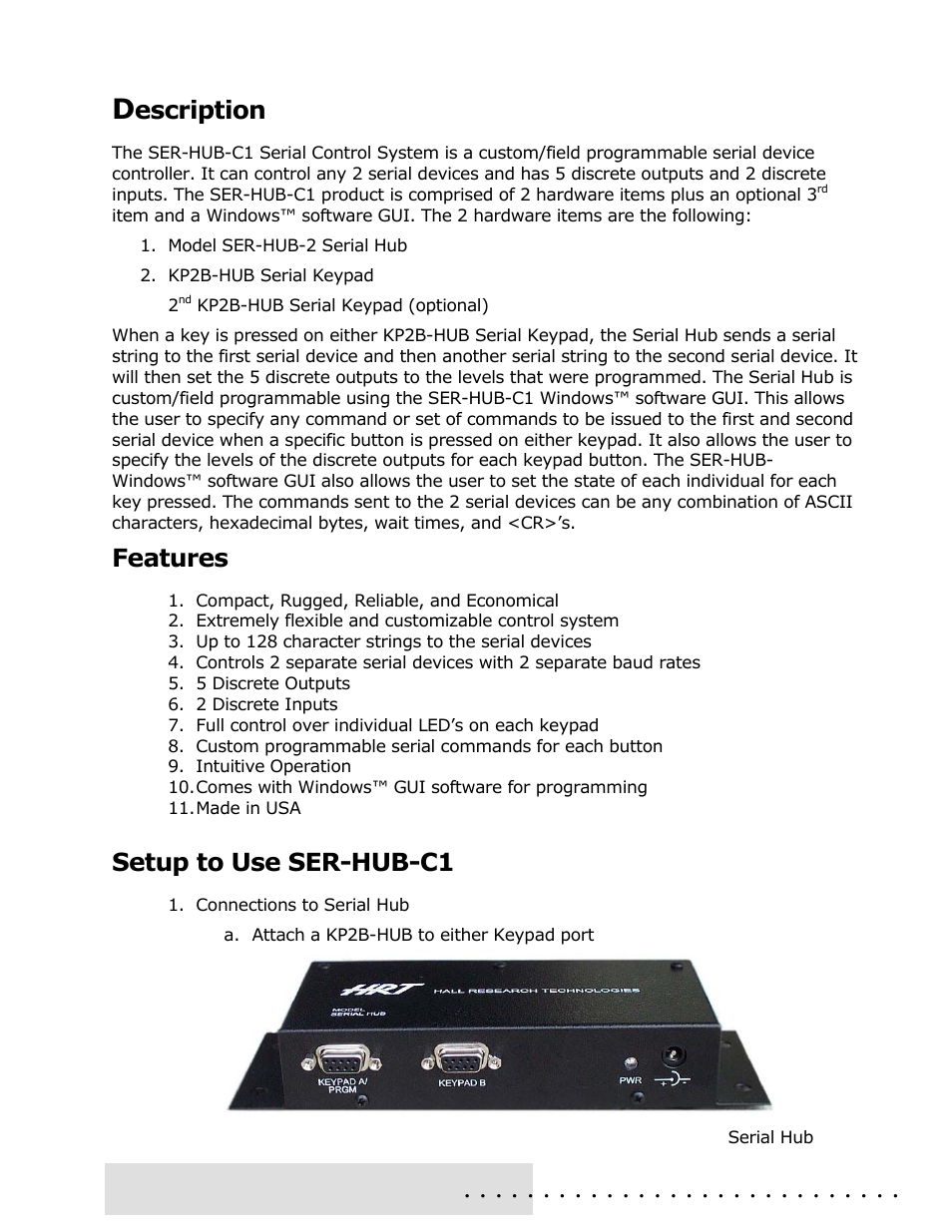 Escription, Features, Setup to use ser-hub-c1 | Hall Research SER-HUB-C1 User Manual | Page 3 / 12