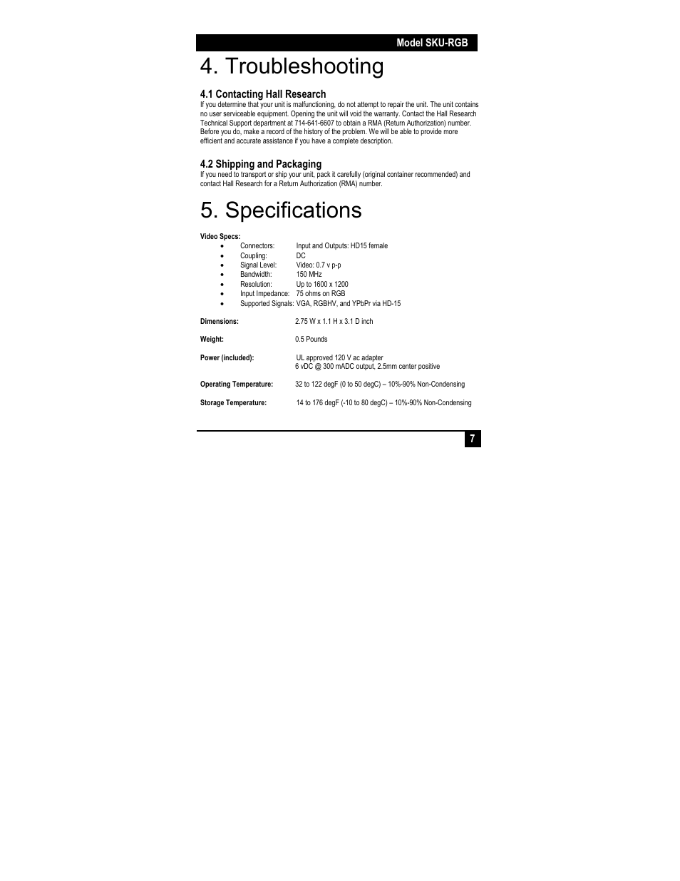 Troubleshooting, Specifications | Hall Research SKU-RGB User Manual | Page 9 / 12