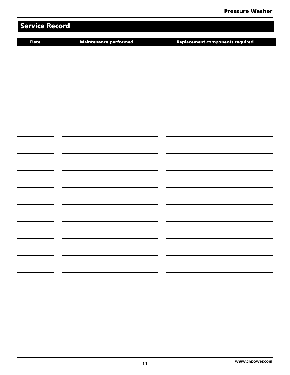 Service record | Campbell Hausfeld PW2515 User Manual | Page 11 / 48