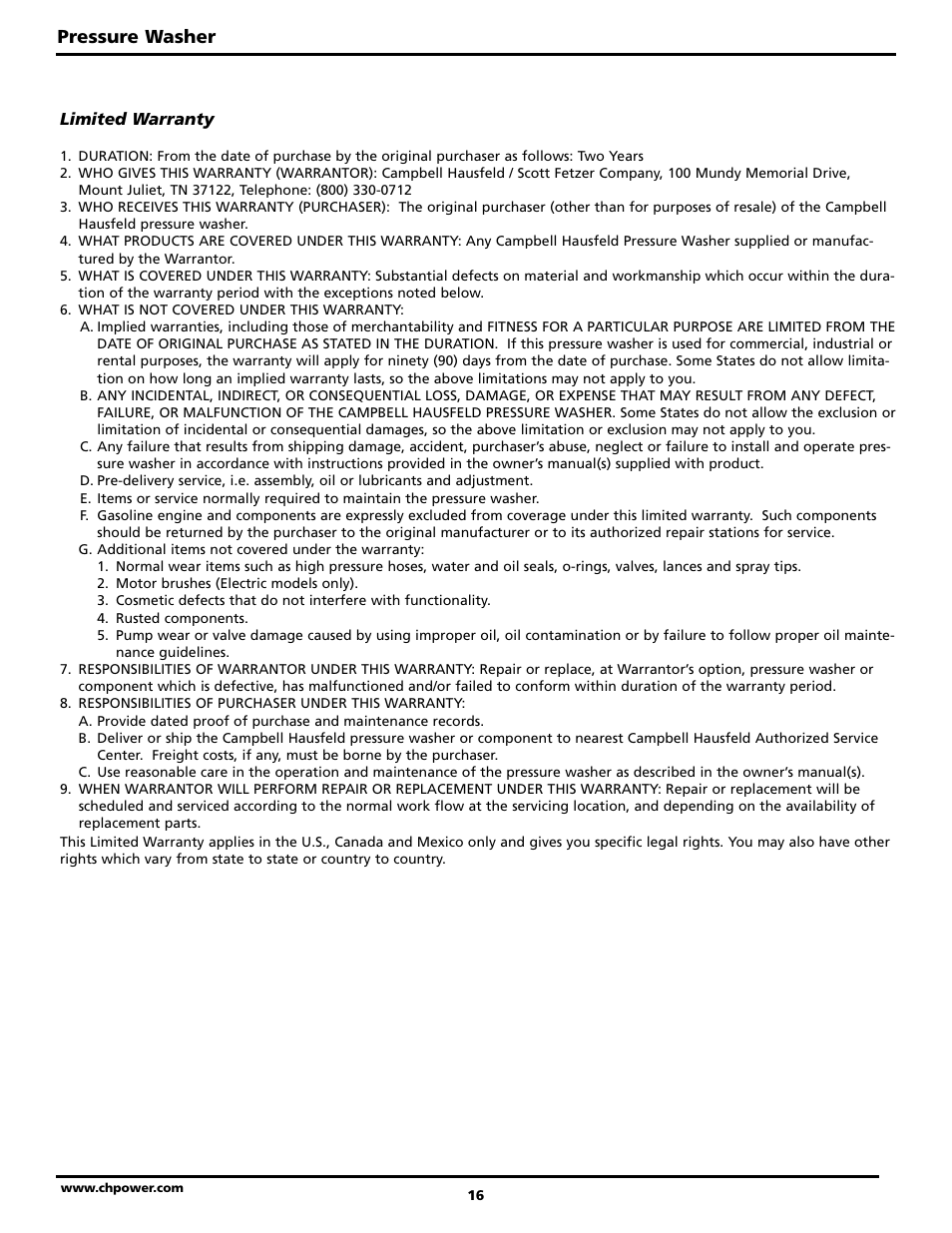 Pressure washer | Campbell Hausfeld PW2515 User Manual | Page 16 / 48