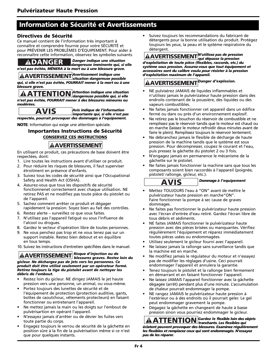 Avis, Attention, Danger | Information de sécurité et avertissements, Avertissement | Campbell Hausfeld PW2515 User Manual | Page 20 / 48