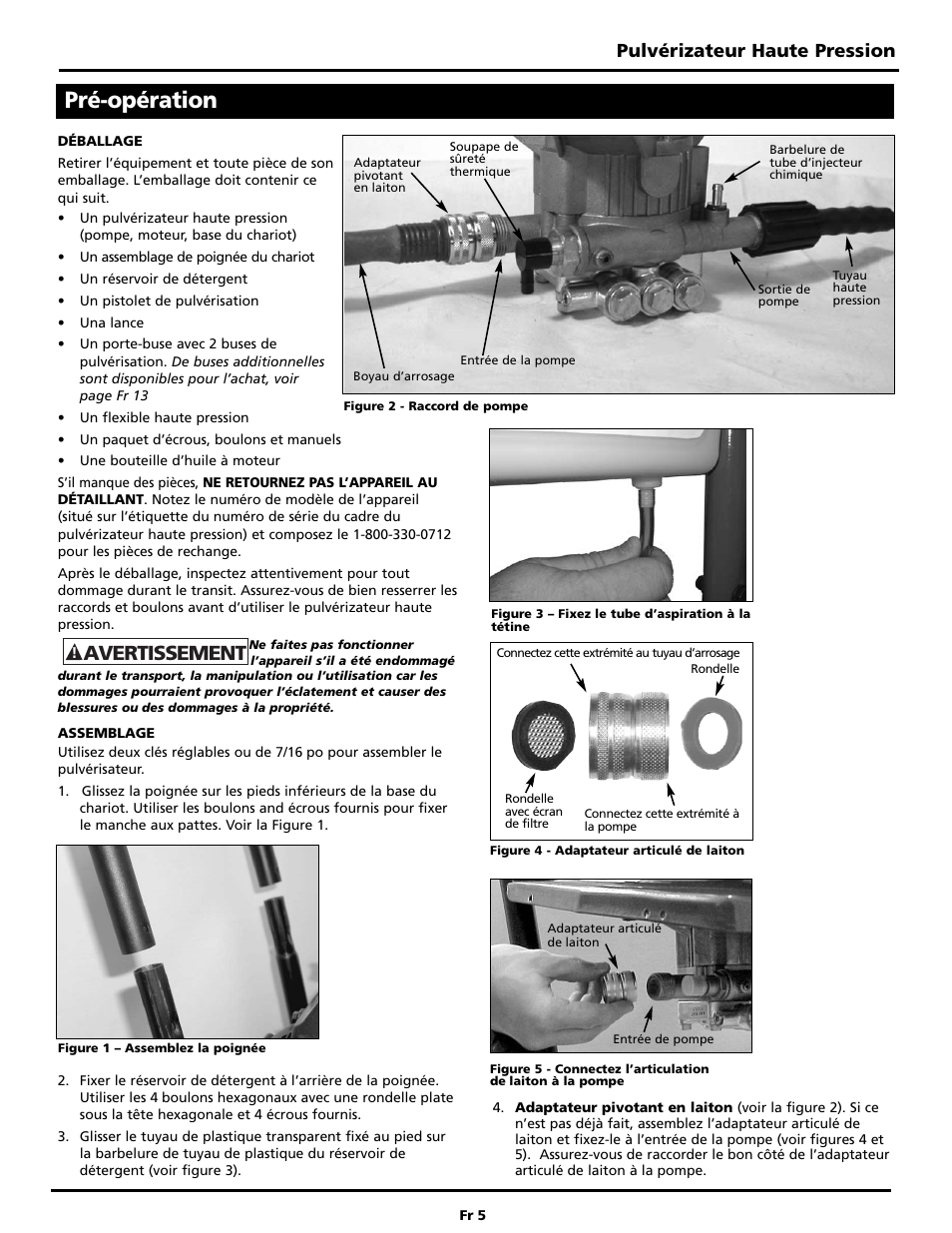 Pré-opération, Avertissement, Pulvérizateur haute pression | Campbell Hausfeld PW2515 User Manual | Page 21 / 48