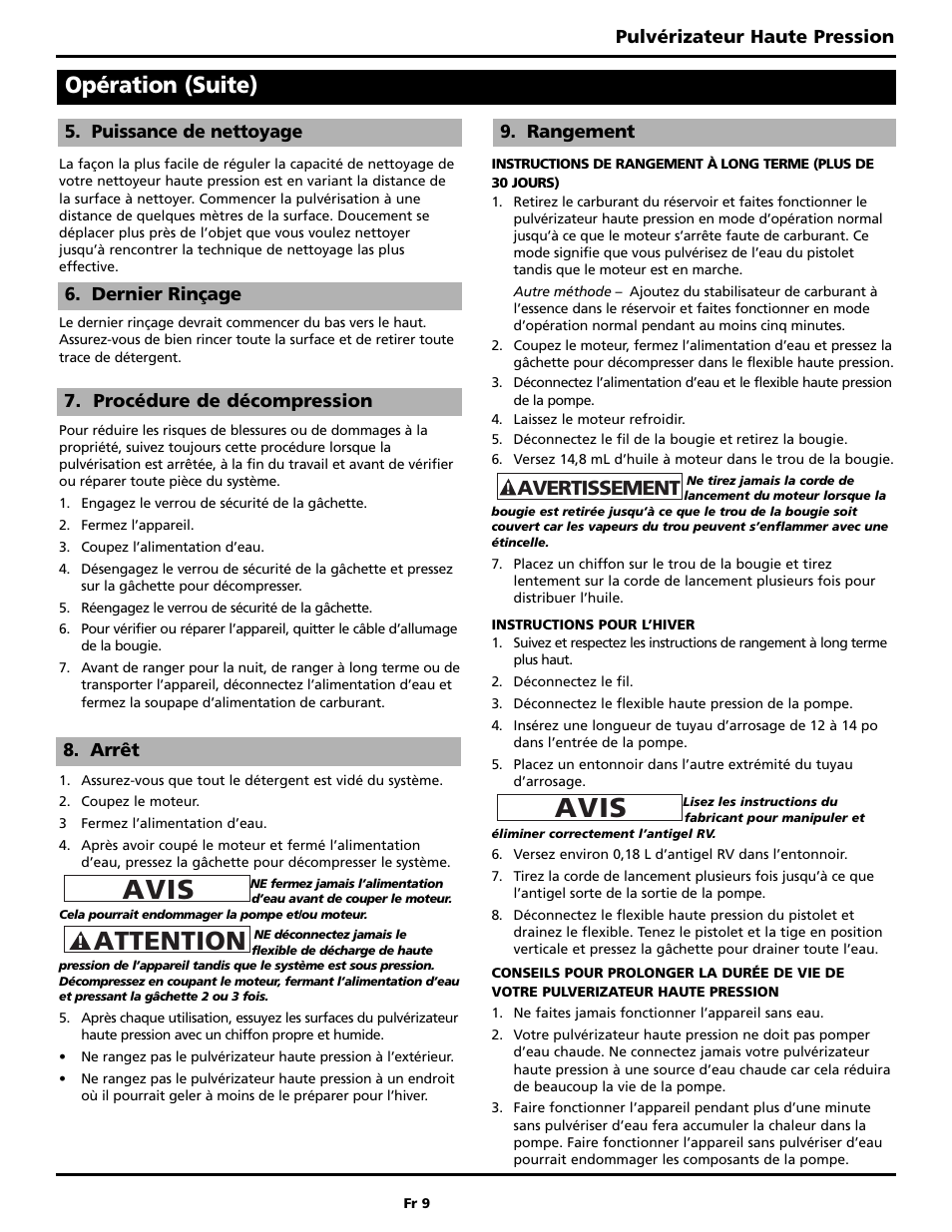 Avis, Attention, Opération (suite) | Avertissement | Campbell Hausfeld PW2515 User Manual | Page 25 / 48