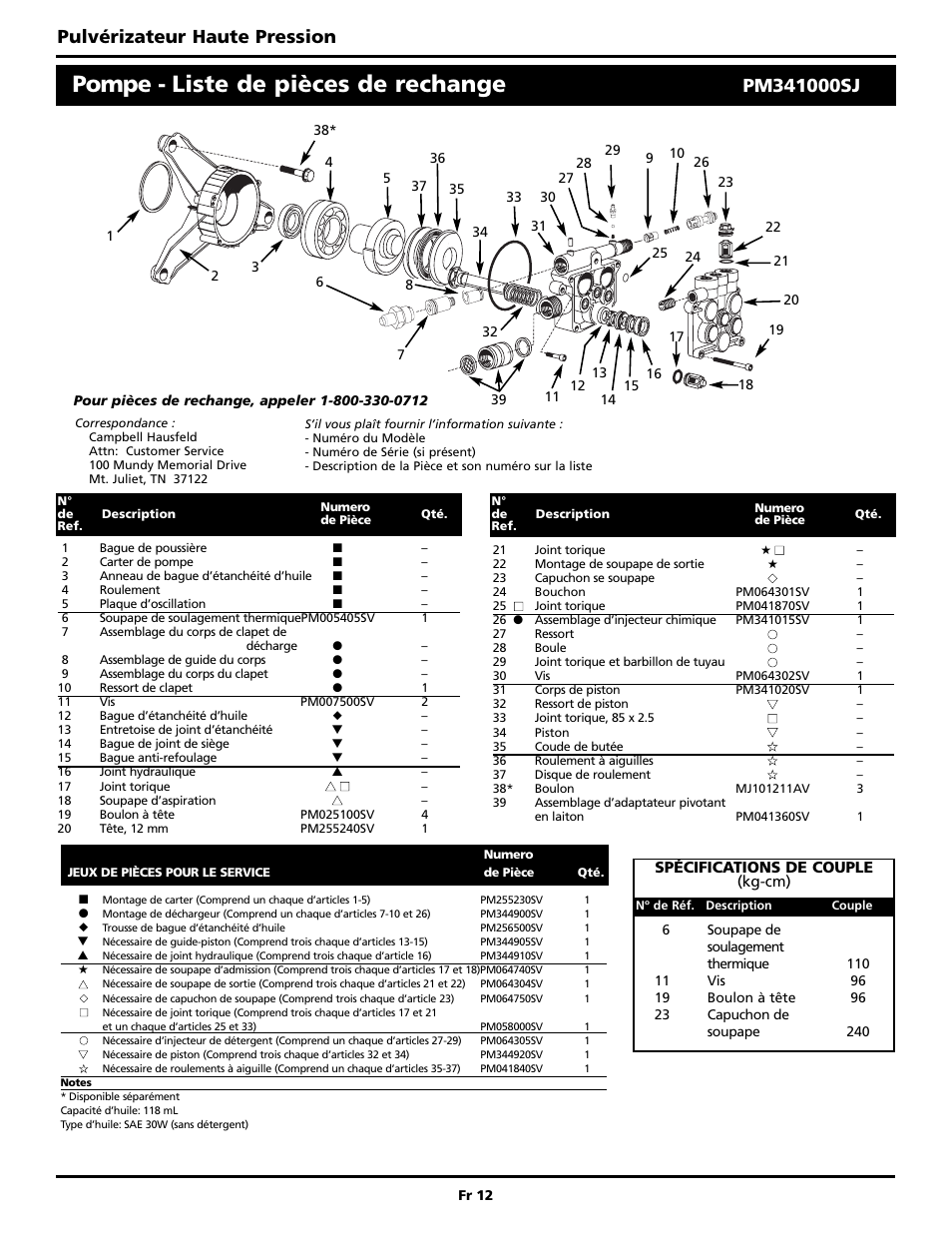 Pompe - liste de pièces de rechange, Pulvérizateur haute pression | Campbell Hausfeld PW2515 User Manual | Page 28 / 48