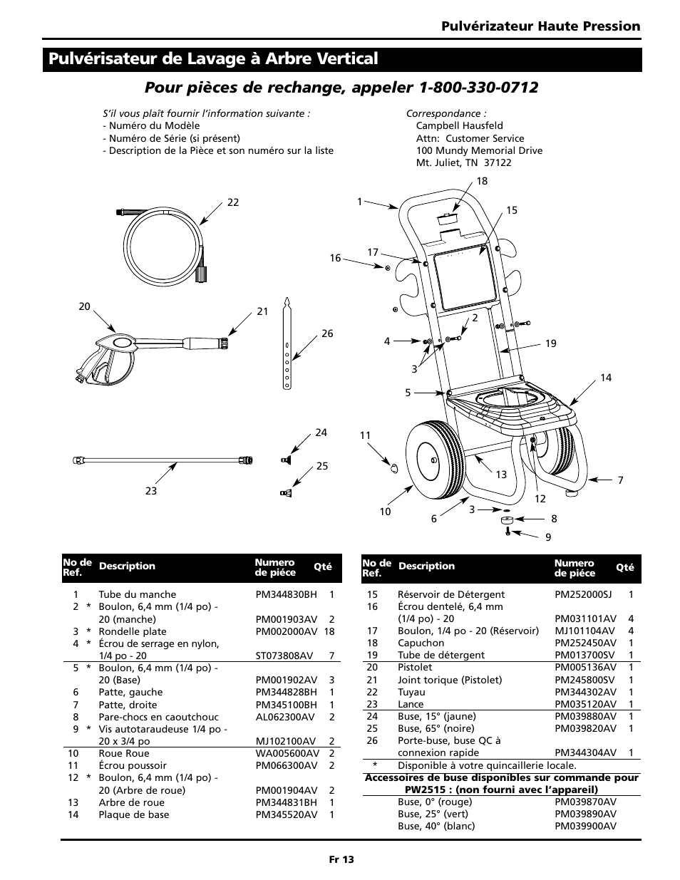 Pulvérisateur de lavage à arbre vertical, Pulvérizateur haute pression | Campbell Hausfeld PW2515 User Manual | Page 29 / 48