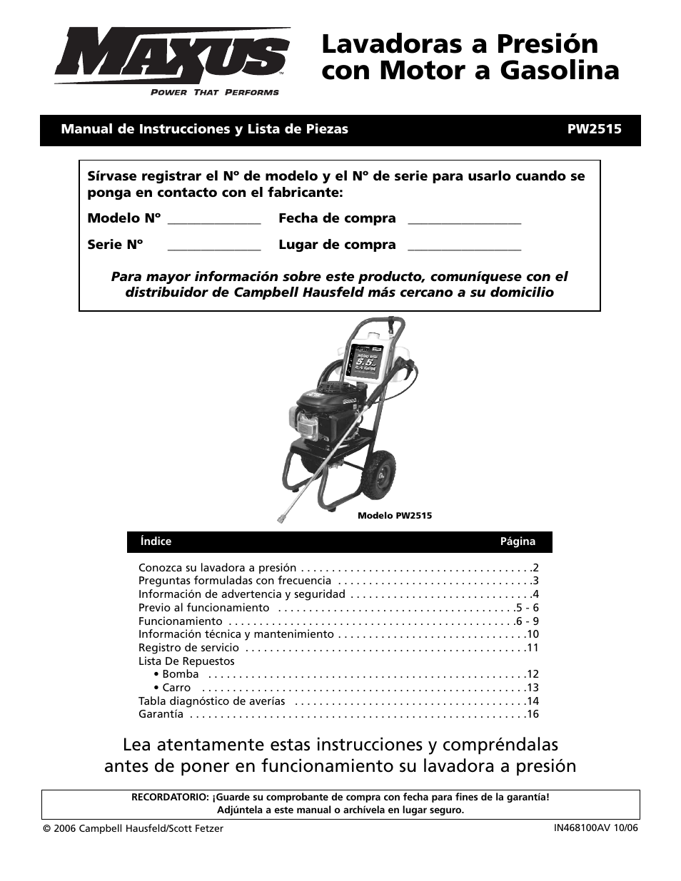 Lavadoras a presión con motor a gasolina | Campbell Hausfeld PW2515 User Manual | Page 33 / 48